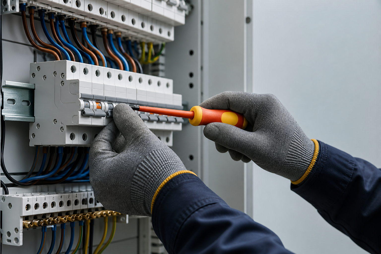 Elektricien werkt zorgvuldig aan een groepenkast